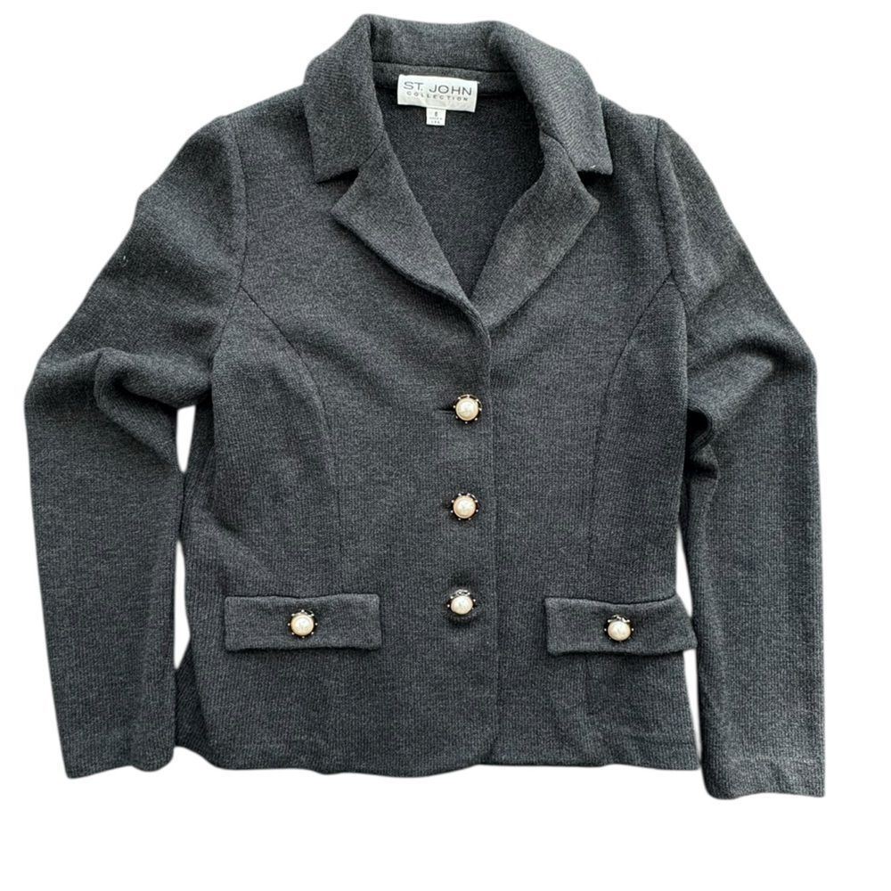 St. John Gray Knit Santana Blazer Jacket Women’s Size 6 Pearl Enamel Buttons USA